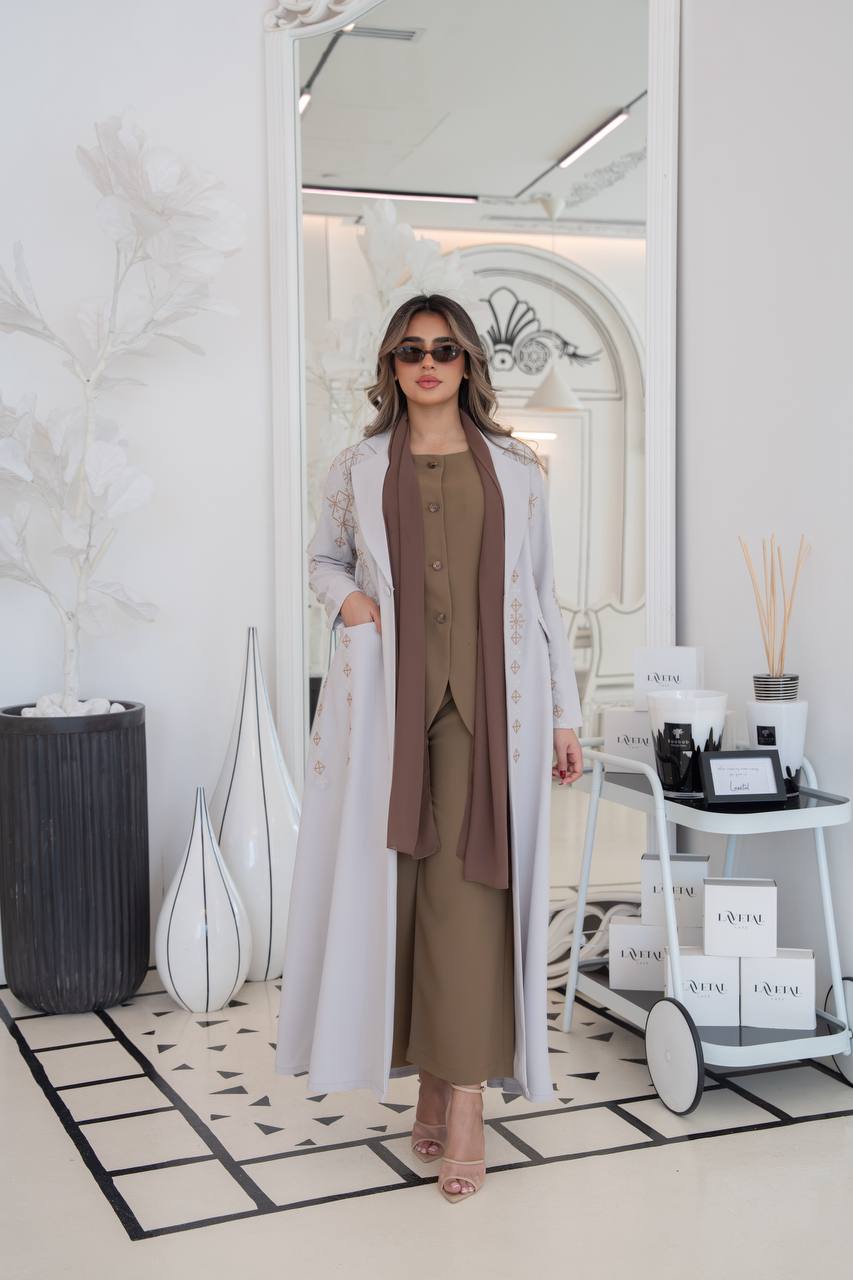 Crepe blazer abaya with beige embroidery. C:382