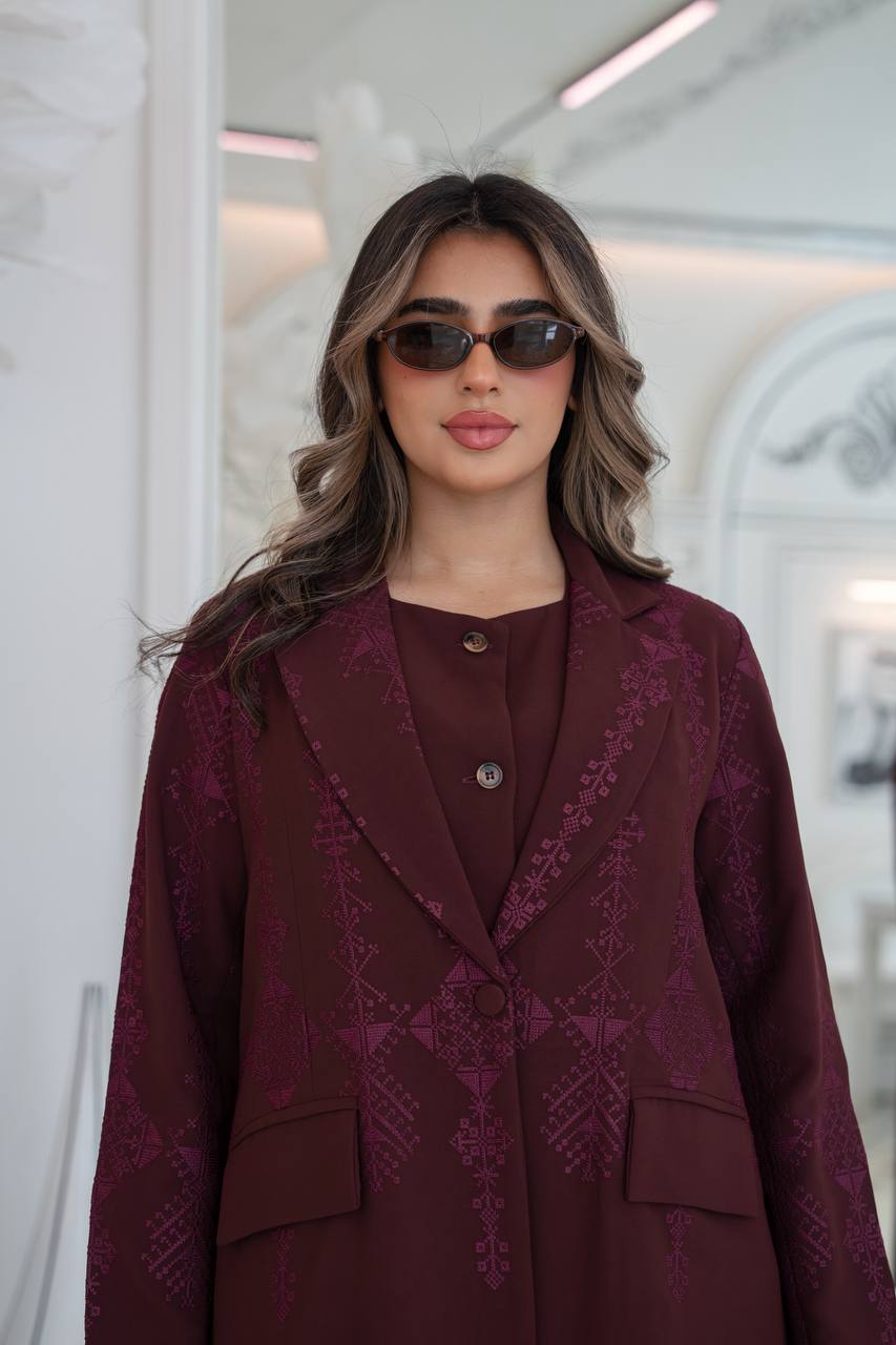 Burgundy crepe blazer abaya with embroidery.C:383