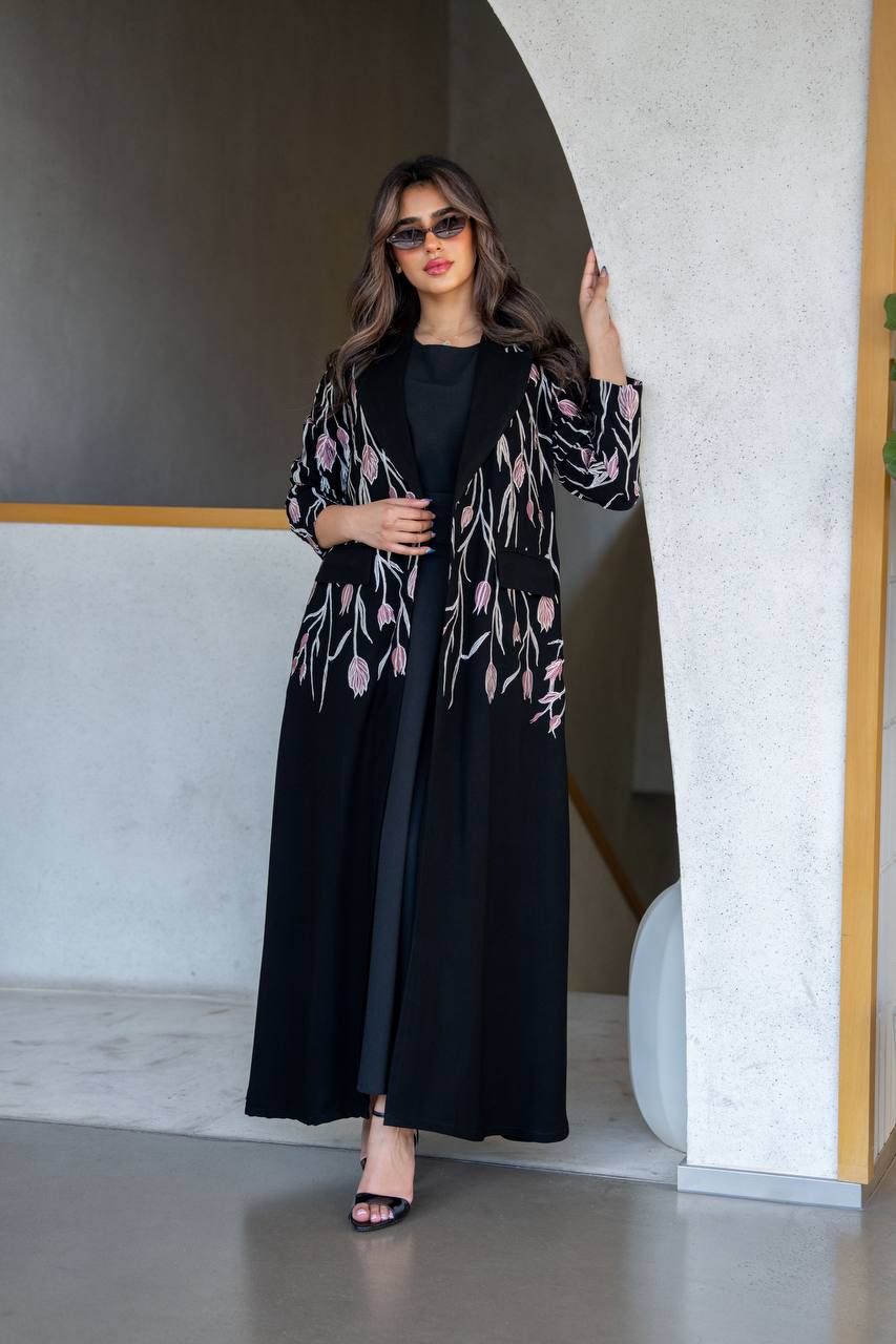 Black crepe blazer abaya with embroidery.C:385