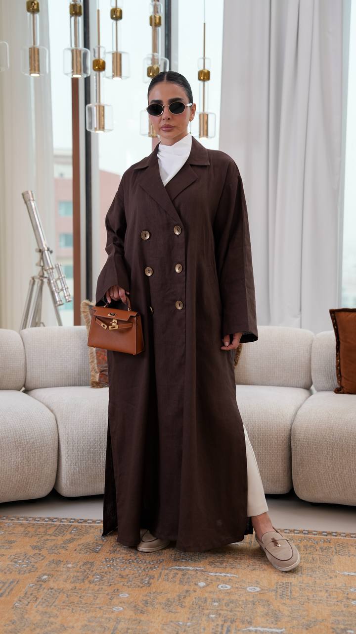 Free size linen trench coat in brown. C:401