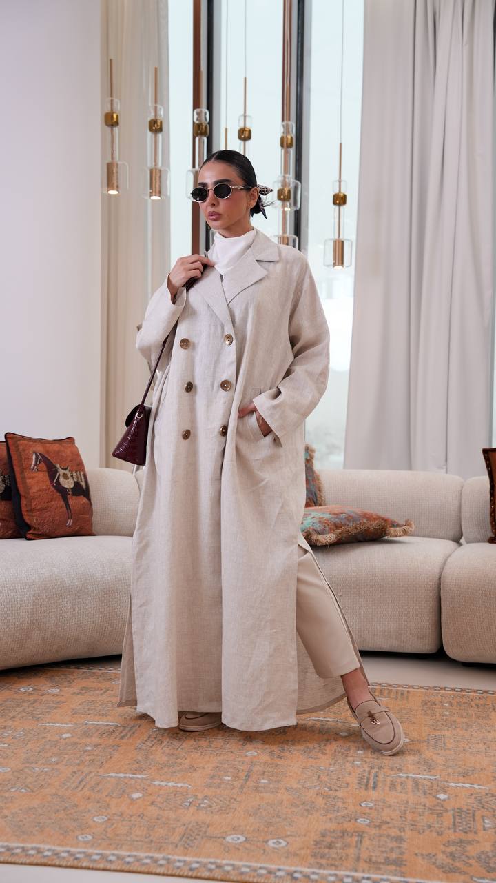 Trench coat, free size, linen, beige color.C:401