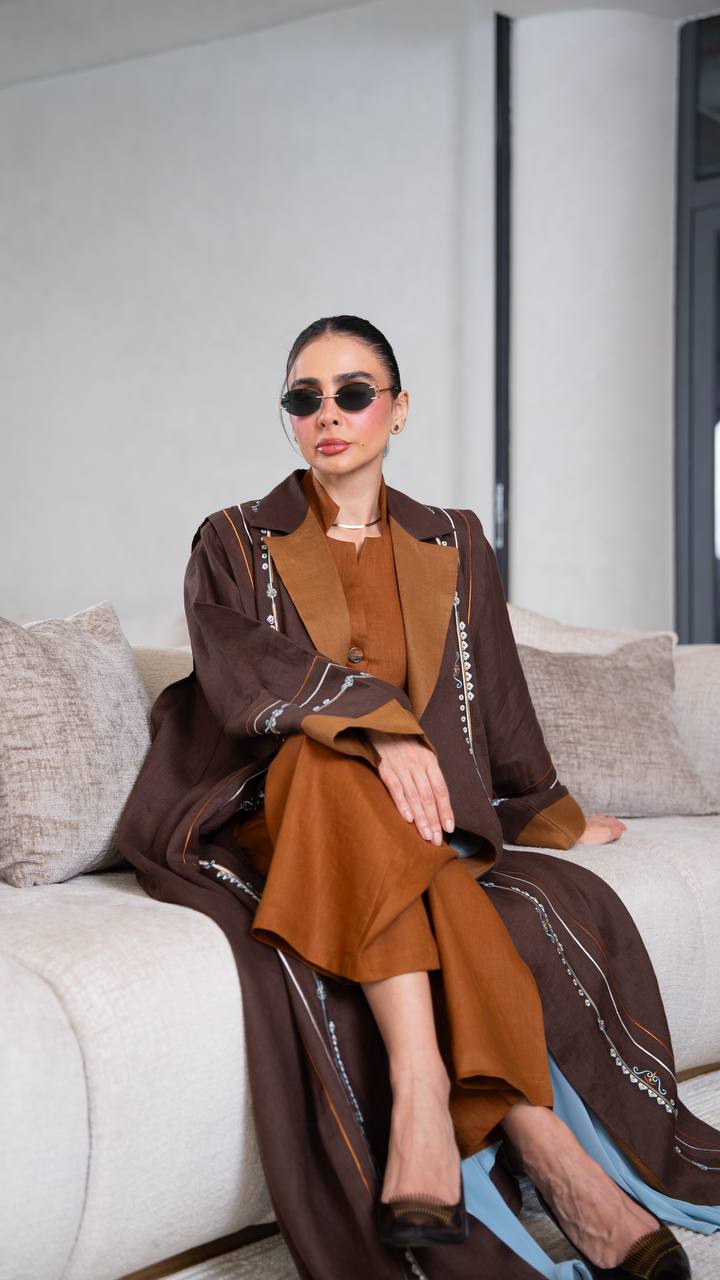 Linen abaya in brown with embroidery.C:404
