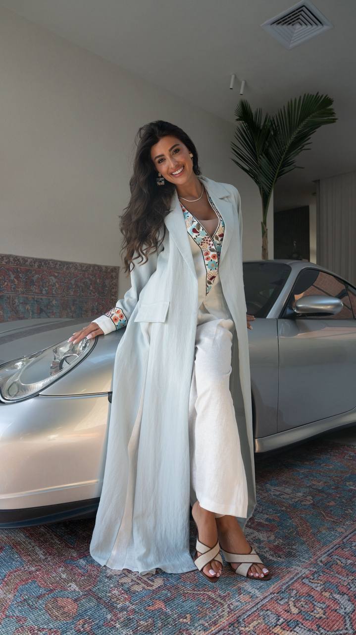 Blue linen blazer abaya with embroidery.C:410
