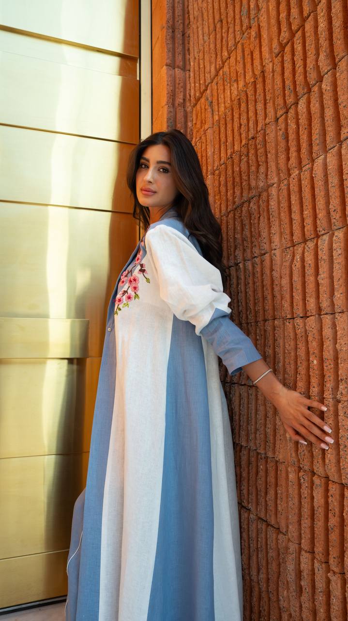 Blue and white linen blazer abaya with embroidery. C:407