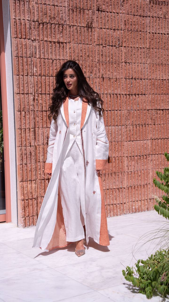 White and orange linen blazer abaya with embroidery. C:408