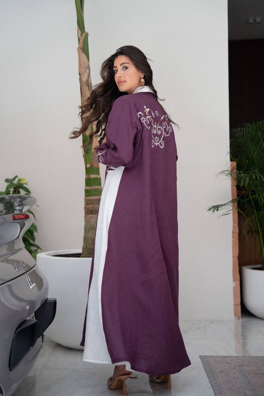 Purple linen blazer abaya with embroidery.C:421