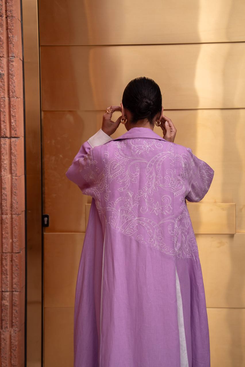 Purple linen blazer abaya with embroidery.C:412