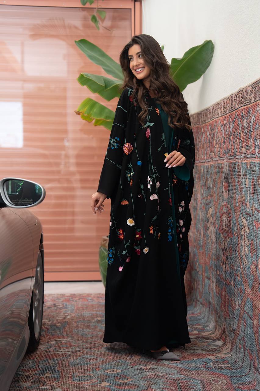 Black linen abaya bisht with embroidery.C:419